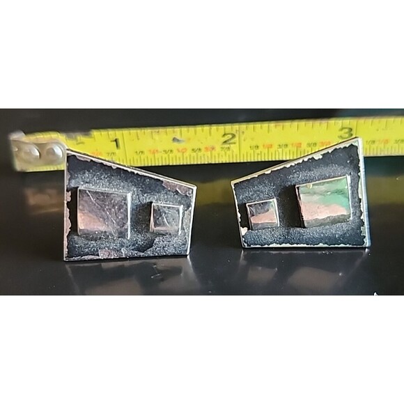Vintage Silver & Black Enamel Cufflinks – Geometric Mid-Century Modern - Picture 2 of 7